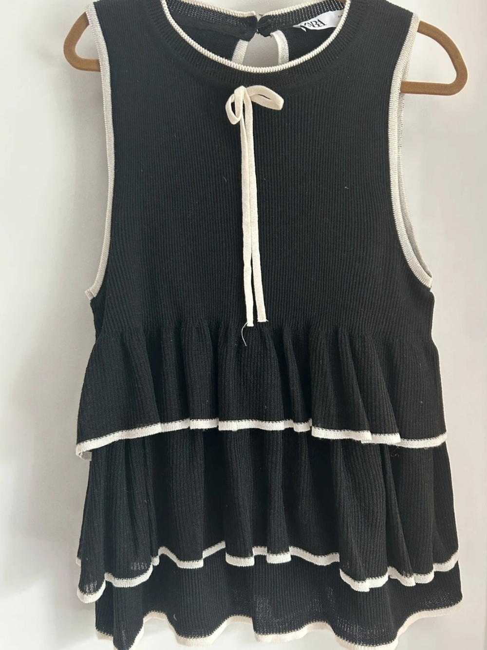 Zara Black Tiered Top with Cream Trim